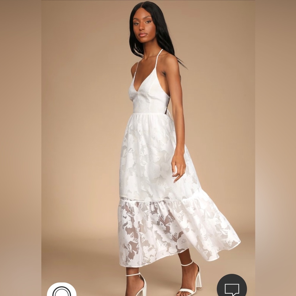 Lulu’s Feeling Like Forever White Jacquard Organza Lace-Up Midi Dress